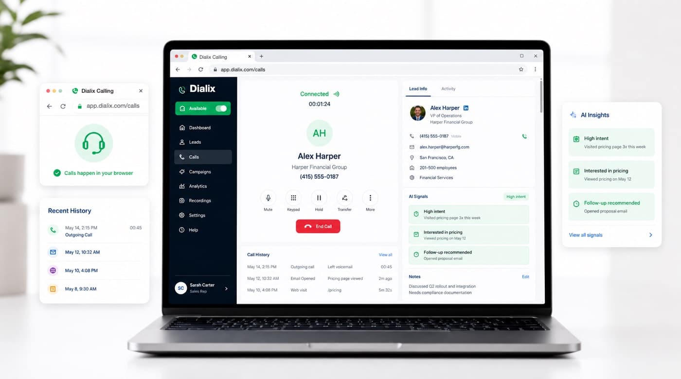 Dialix calling in the browser with lead context and AI insights