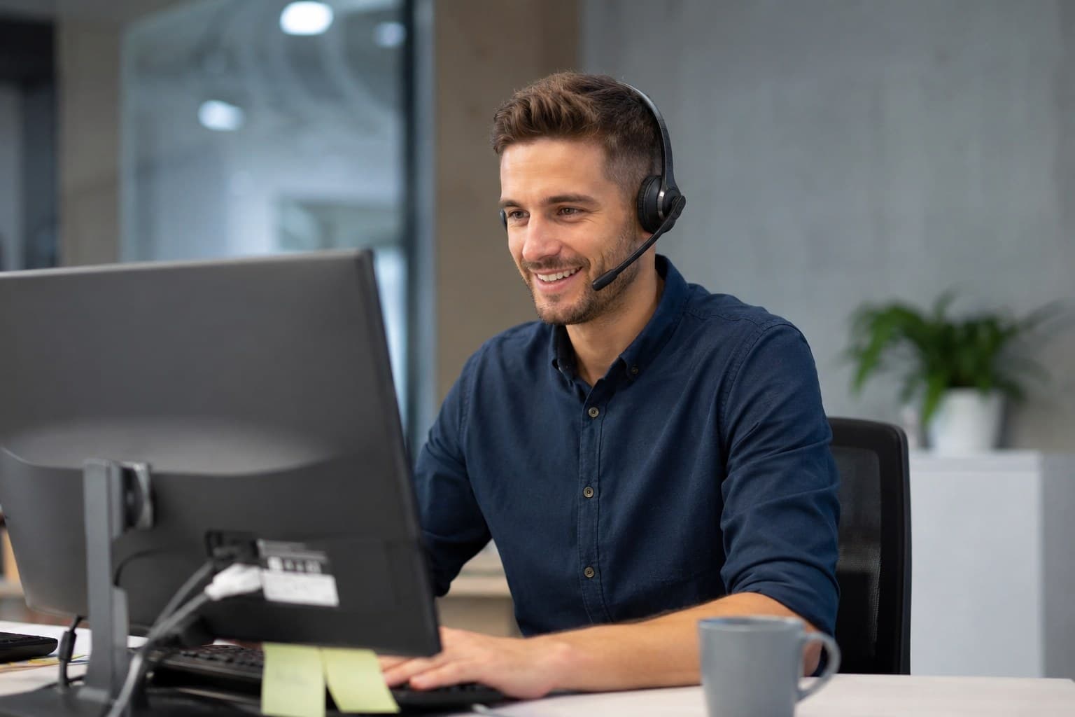 Sales rep taking a call in a headset at their desk
